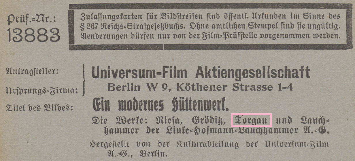 Ein modernes Hüttenwerk (D 1922): Zulassungskarte vom 12.10.1926 (Seite 1, Ausschnitt) / Quelle: BArch