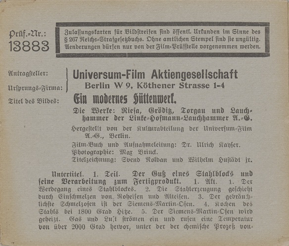 Ein modernes Hüttenwerk (D 1922): Zulassungskarte vom 12.10.1926, Seite 1 (Quelle: BArch)